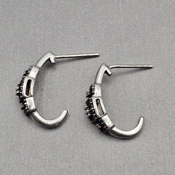 Sterling Silver & Black Rhinestone Half Hoop Post Earrings .75" Prong Setting - Picture 4 of 9